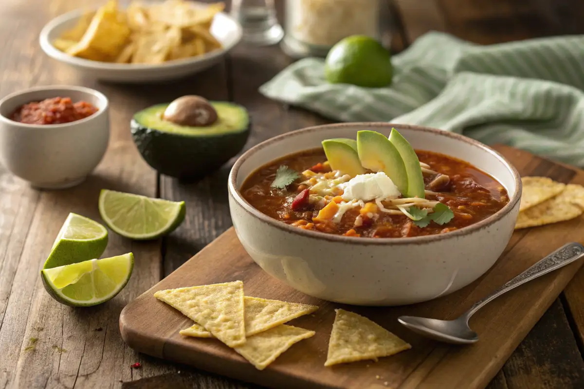 Steaming bowl of taco soup frios recipe with lime wedges, tortilla chips, avocado, and cheese on a rustic table setting.