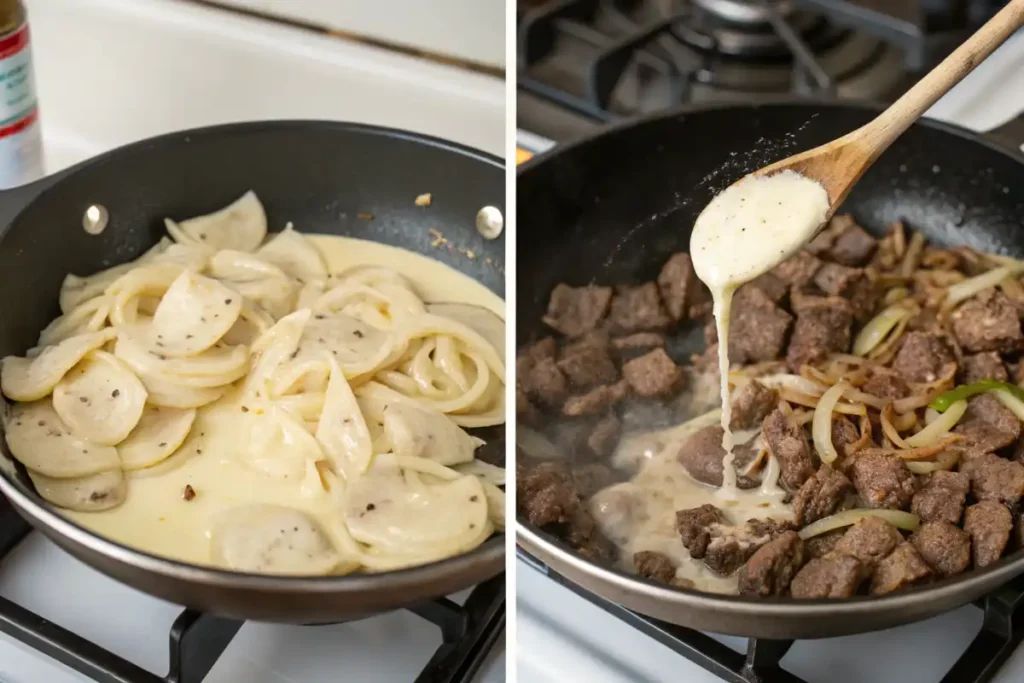 Step-by-step cooking process of cheesesteak tortellini in rich provolone sauce