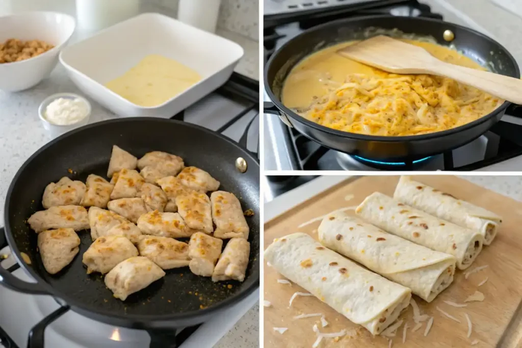 Step-by-step preparation of cheesy garlic chicken wraps: cooking chicken, melting cheese, and assembling the wraps