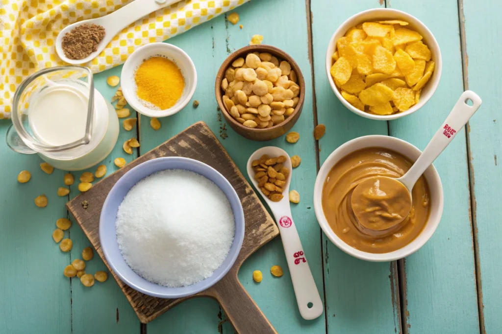 Ingredients for making cornflake candy: sugar, corn syrup, peanut butter, and cornflakes.