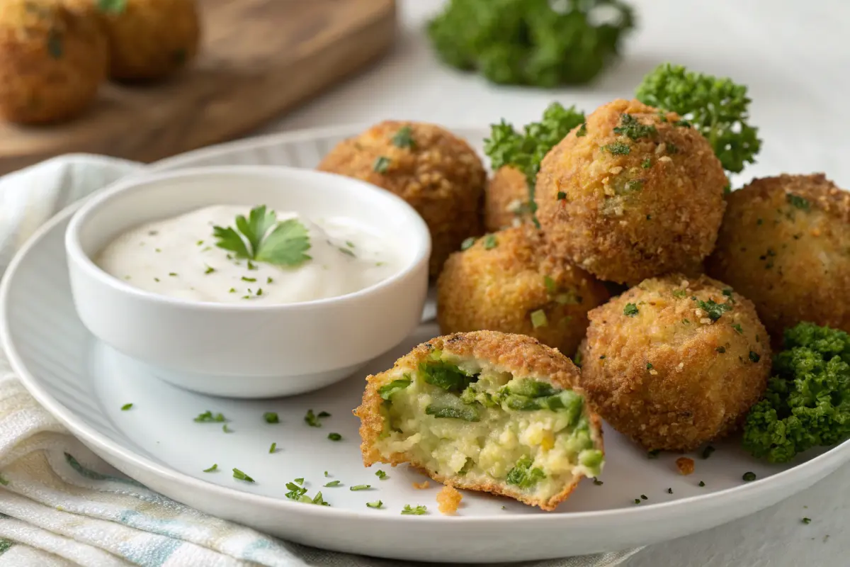 Golden, crispy broccoli cheese balls served with ranch dip and fresh parsley, a perfect snack or appetizer option.