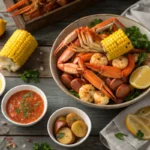 Seafood boil with shrimp, crab legs, corn, potatoes, and sauces.