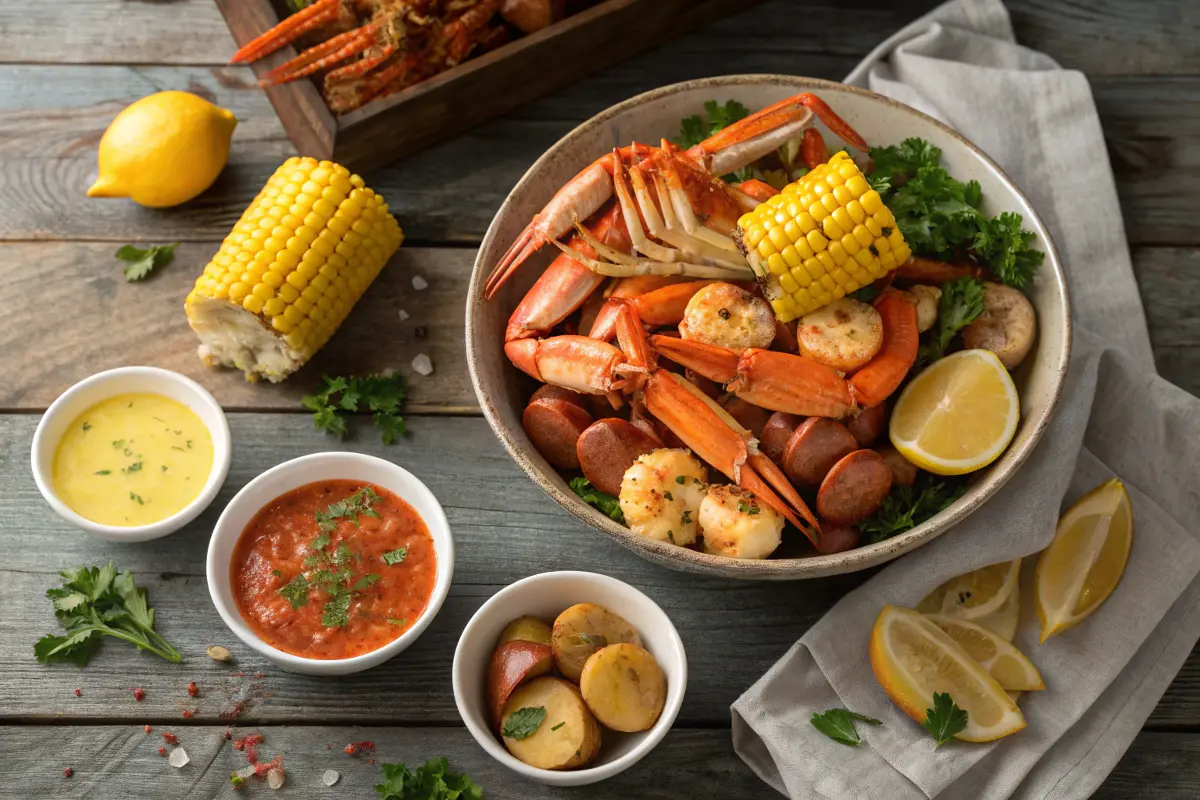 Seafood boil with shrimp, crab legs, corn, potatoes, and sauces.