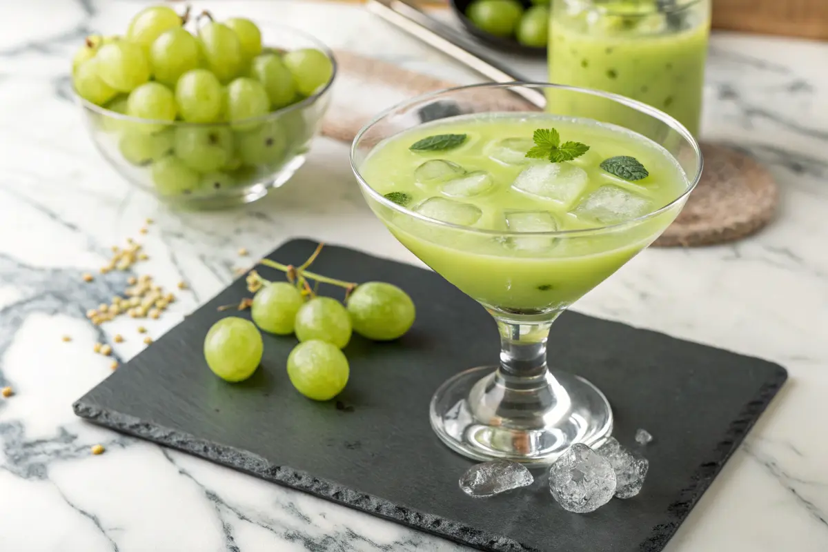 Grape lime juice snack in a glass bowl on a marble countertop, with lime wedges and grapes as garnish