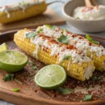 Mexican street corn (elote) with creamy white topping, cheese, chili powder, and lime wedges, served on a rustic wooden plate.