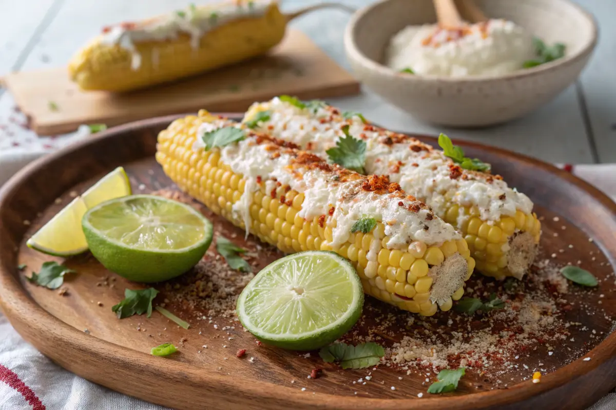 Mexican street corn (elote) with creamy white topping, cheese, chili powder, and lime wedges, served on a rustic wooden plate.