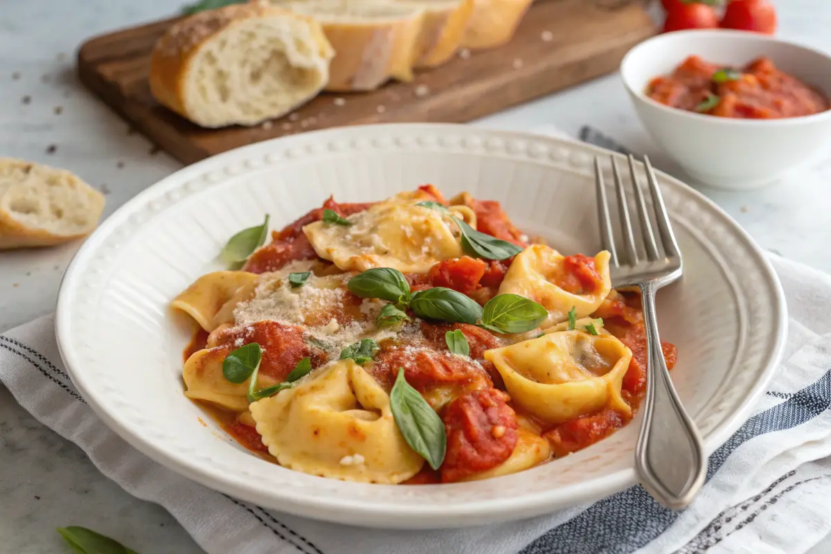 Plated Creamy Tortellini with Tomatoes Recipe garnished with basil and parmesan.