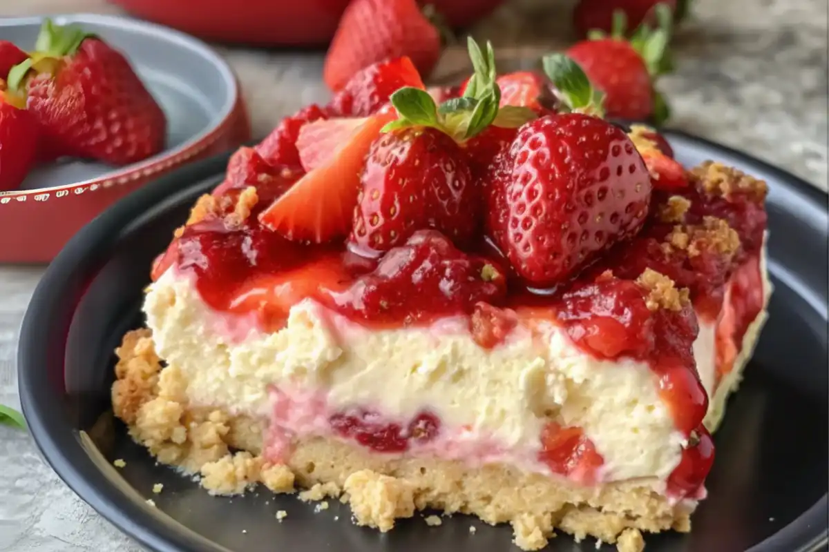 A golden-brown strawberry cheesecake dump cake fresh out of the oven