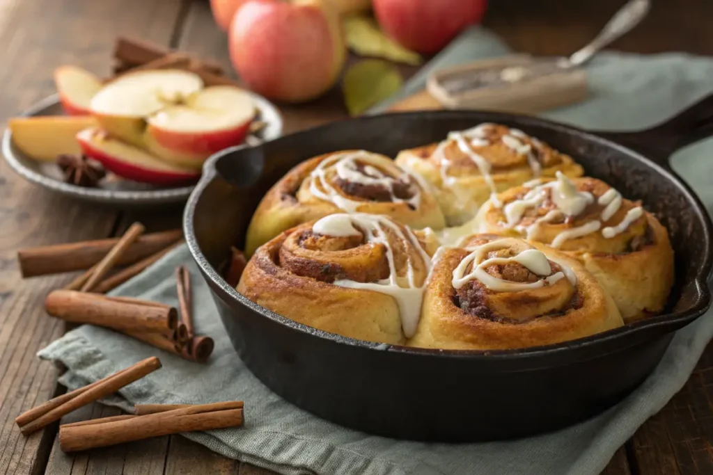 Golden Apple Pie Cinnamon Rolls with cream cheese frosting, surrounded by cinnamon sticks and apples.