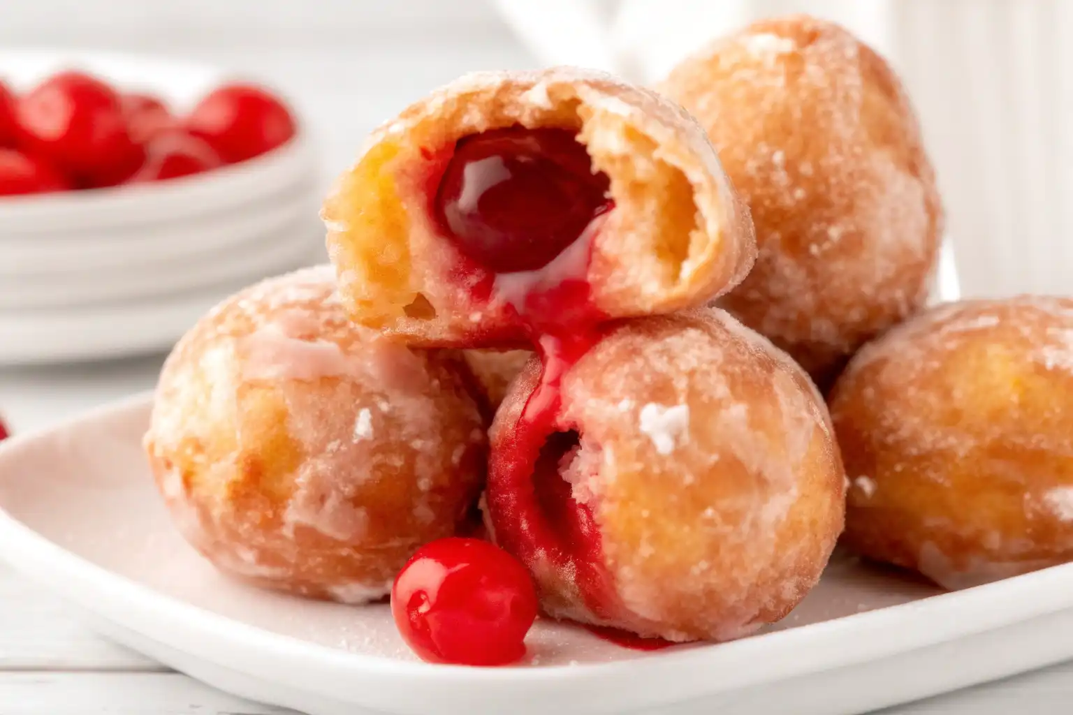 Cherry Pie Bombs on a plate with powdered sugar and fresh cherries