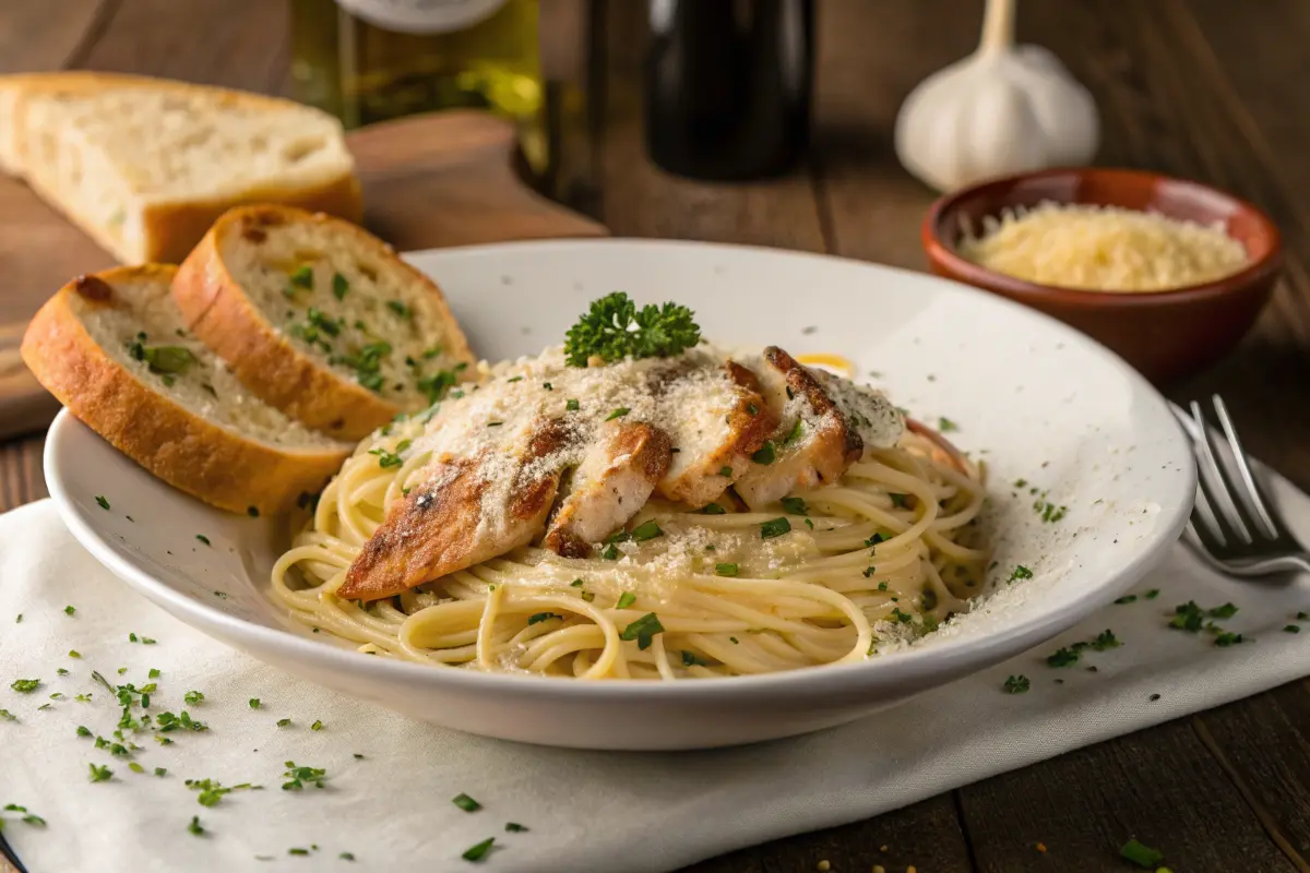 Creamy garlic parmesan chicken pasta garnished with parsley and served with garlic bread