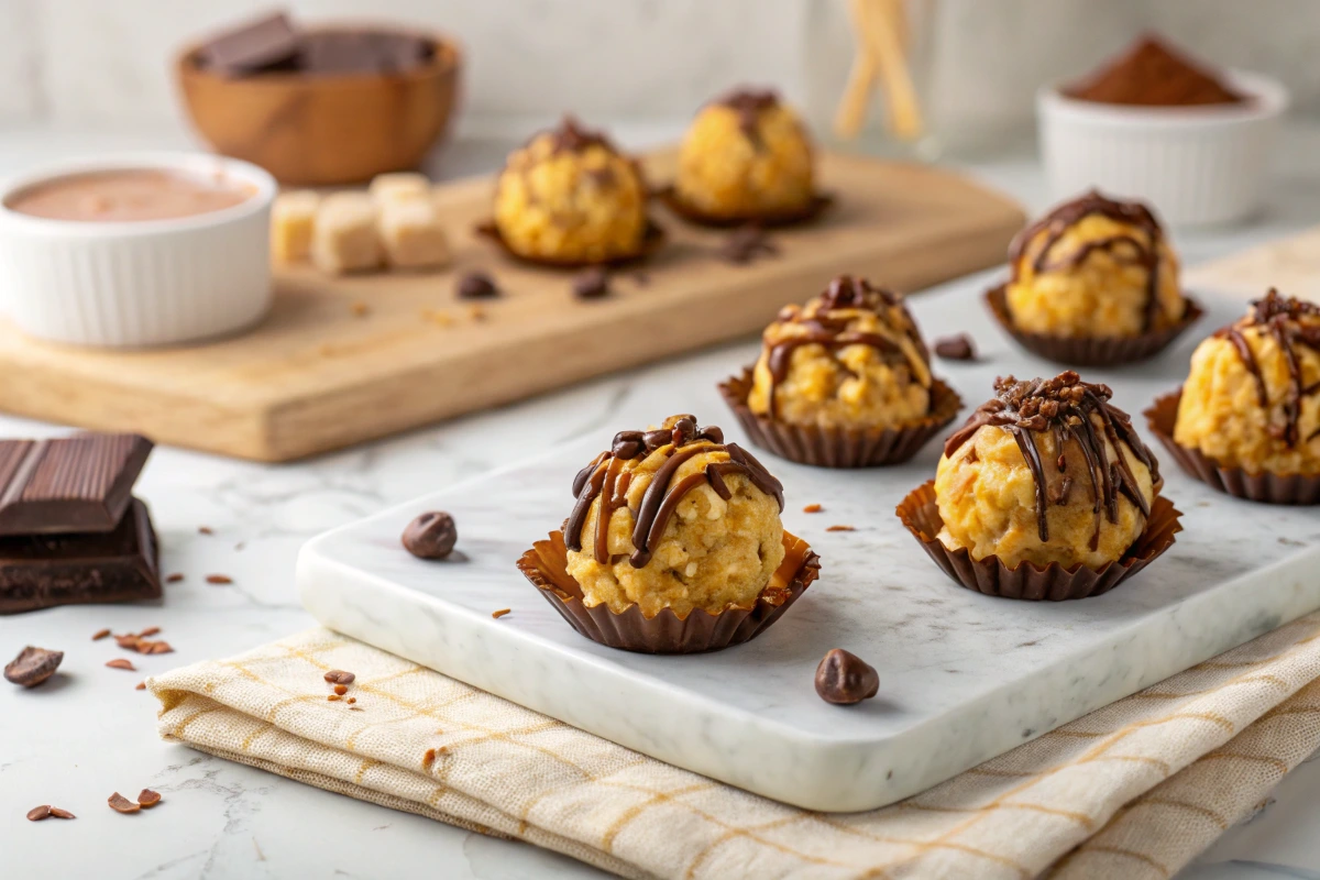 Close-up of golden cornflake candy clusters drizzled with melted chocolate on a marble tray.