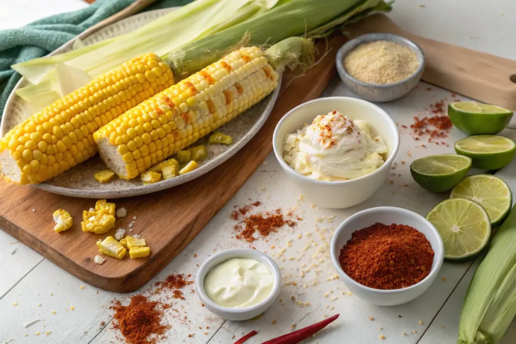 Fresh ingredients for making Mexican street corn (elote), featuring corn, creamy sauce, lime, and chili powder.