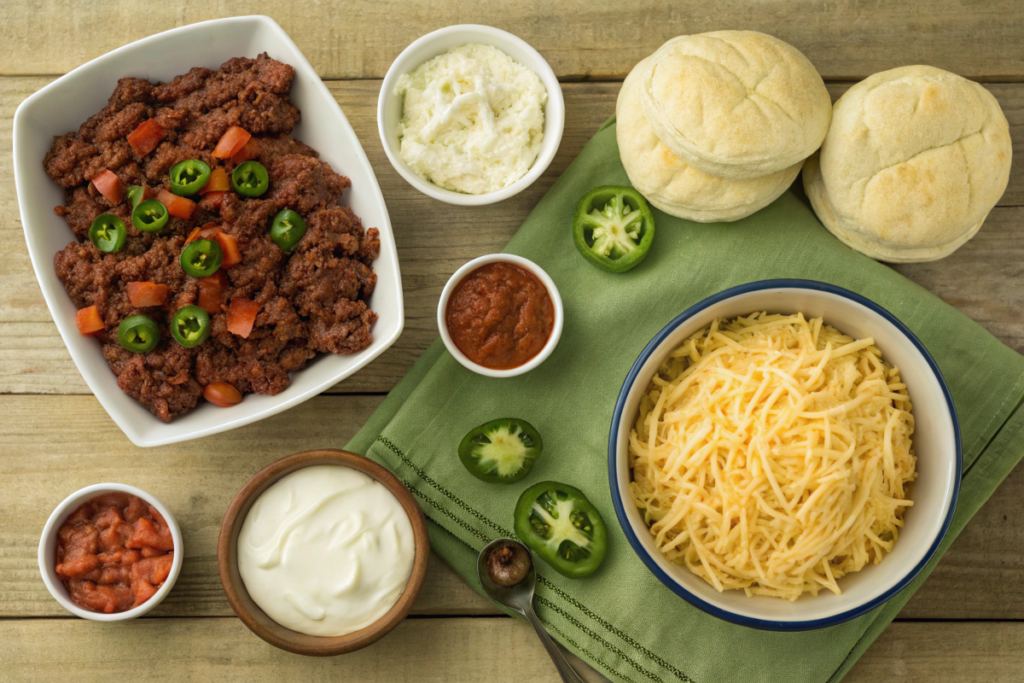 Ingredients for Cattle Drive Casserole recipe displayed on a wooden table