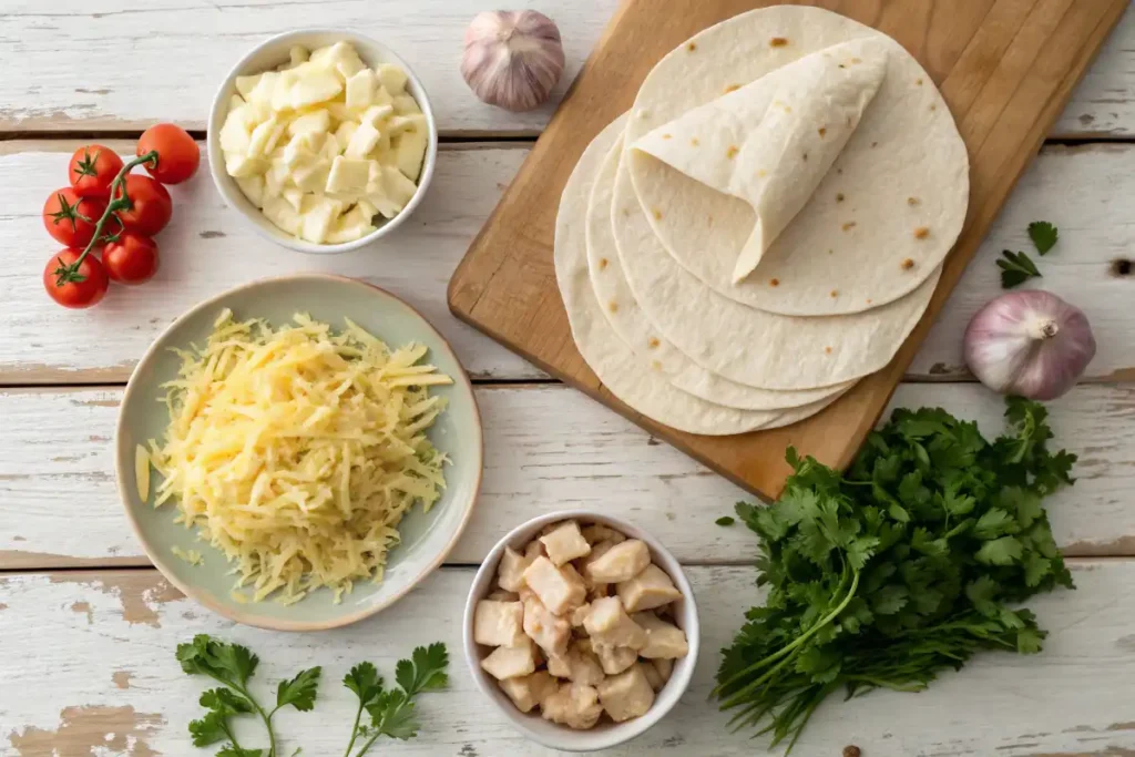 Ingredients for cheesy garlic chicken wraps arranged on a wooden countertop