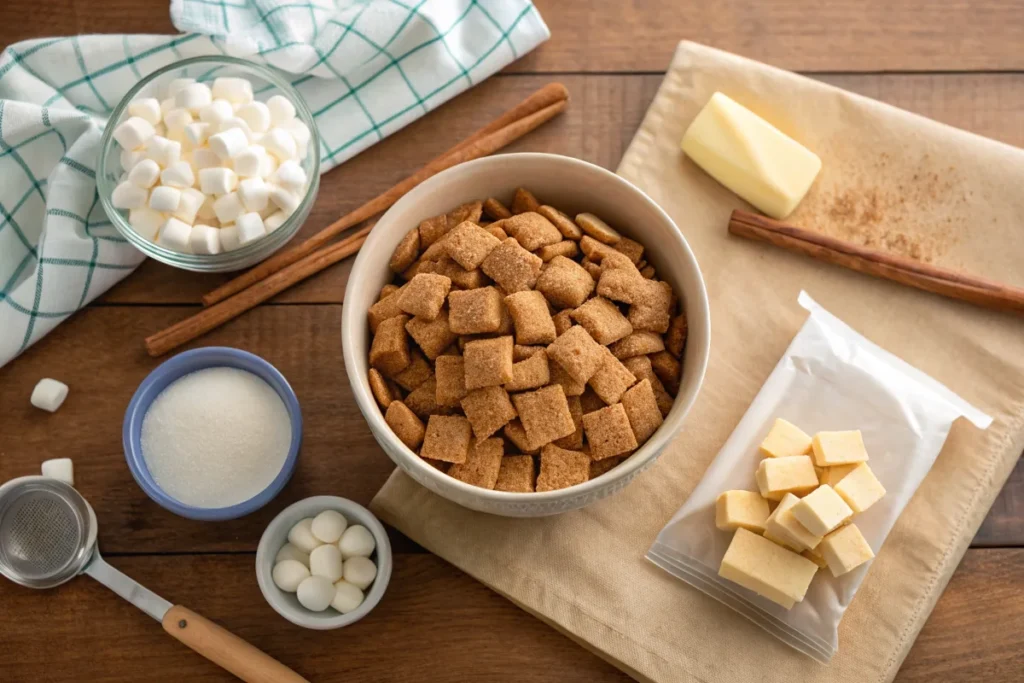 Flat lay of ingredients for Cinnamon Toast Crunch Bars.