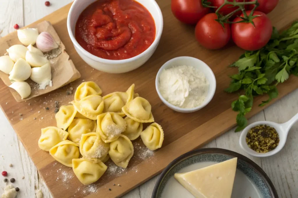 Fresh ingredients for Creamy Tortellini with Tomatoes Recipe on a rustic countertop.