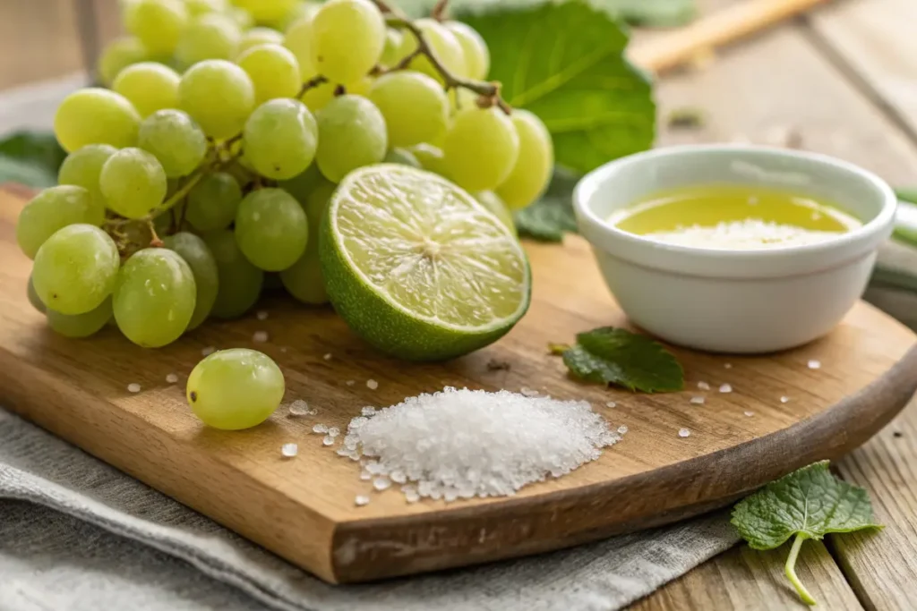 Fresh green and red grapes with a halved lime and lime juice bowl on a wooden board.