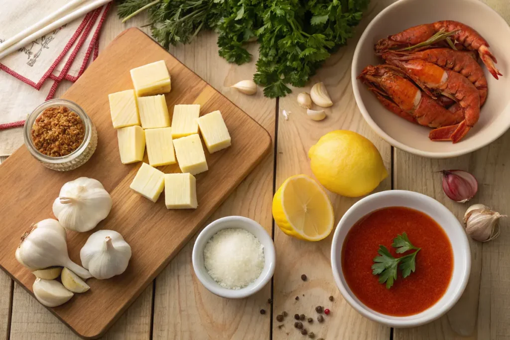 Ingredients for seafood boil sauce: butter, garlic, spices, and parsley.