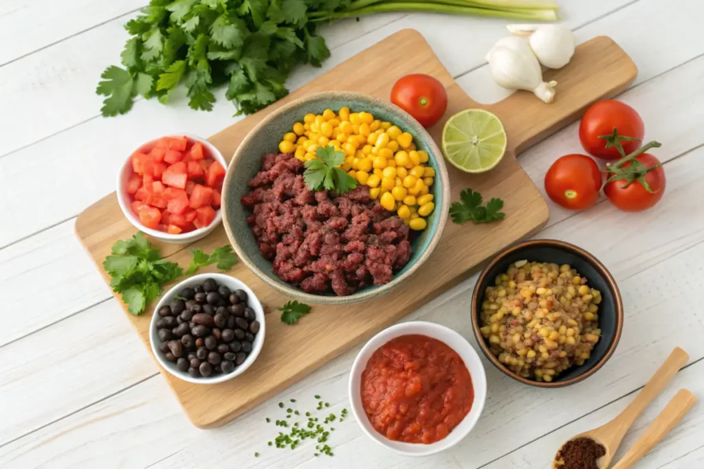 Ingredients for taco soup frios recipe, including ground beef, beans, corn, tomatoes, spices, and fresh cilantro, arranged on a wooden surface.