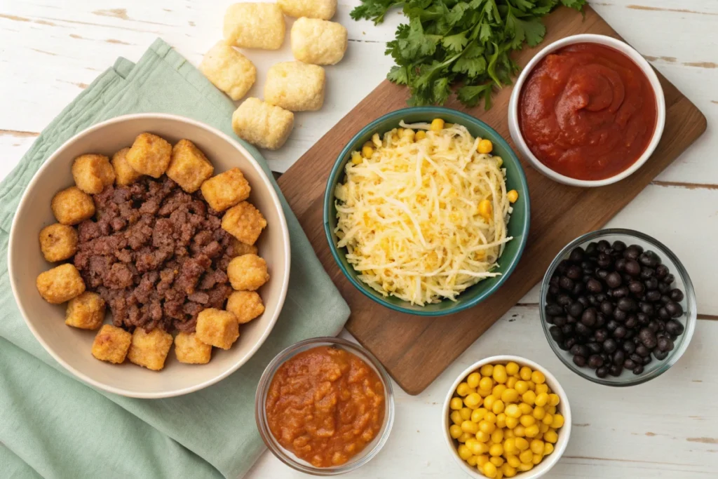 Flat-lay of taco tater tot casserole ingredients, including ground beef, cheese, and tater tots.