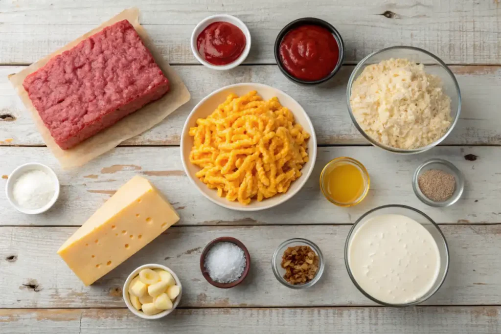 Ingredients for mac and cheese meatloaf casserole recipe.