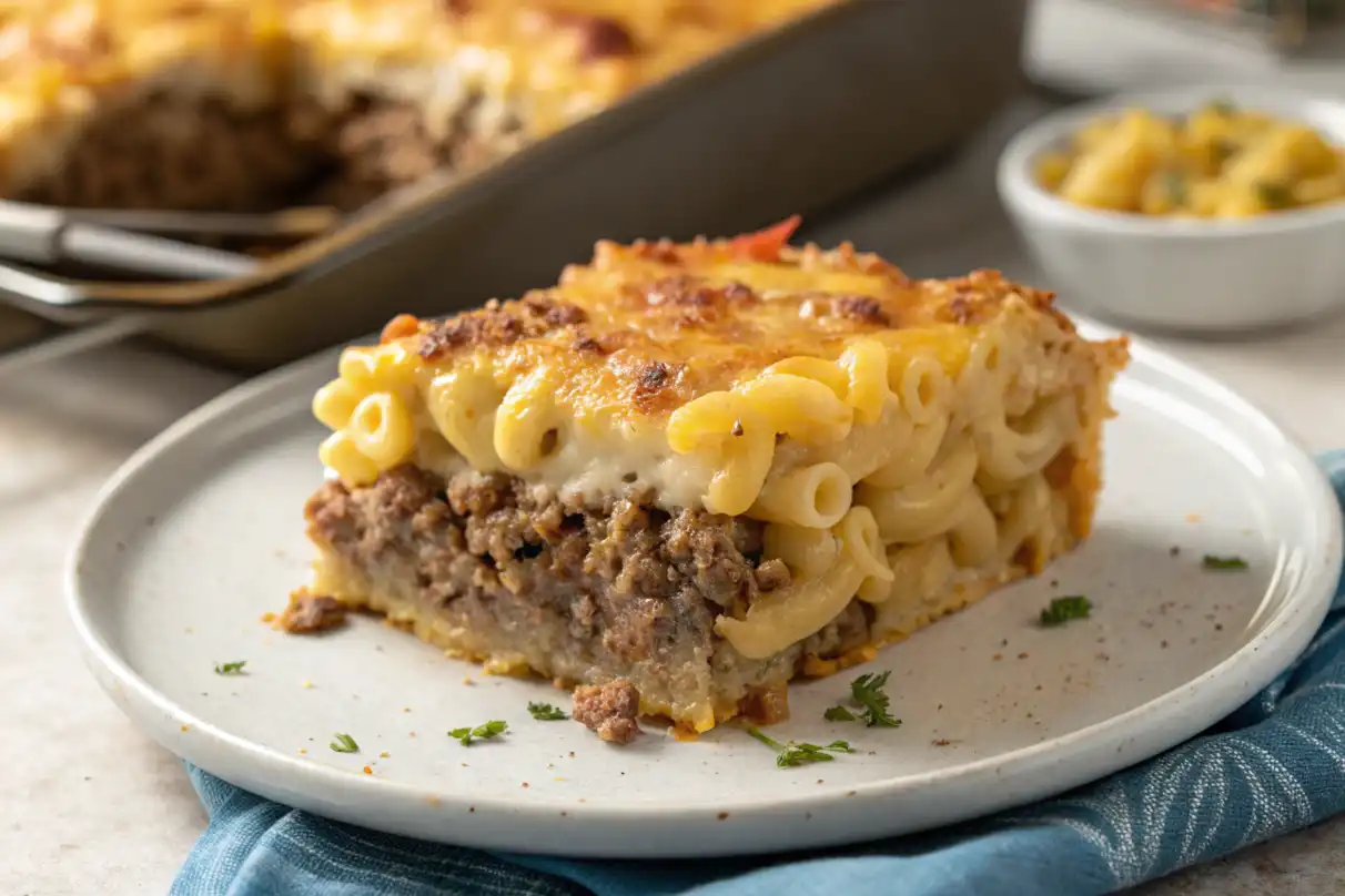 Freshly baked mac and cheese meatloaf casserole with golden cheese topping