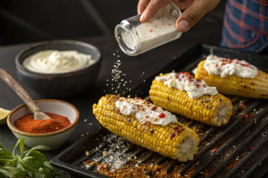  A step-by-step view of preparing Mexican elote, with creamy white sauce, cheese, and chili powder being added to grilled corn.