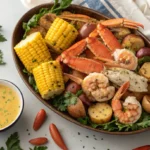 Crab legs and shrimp with seafood boil sauce and garnishes.