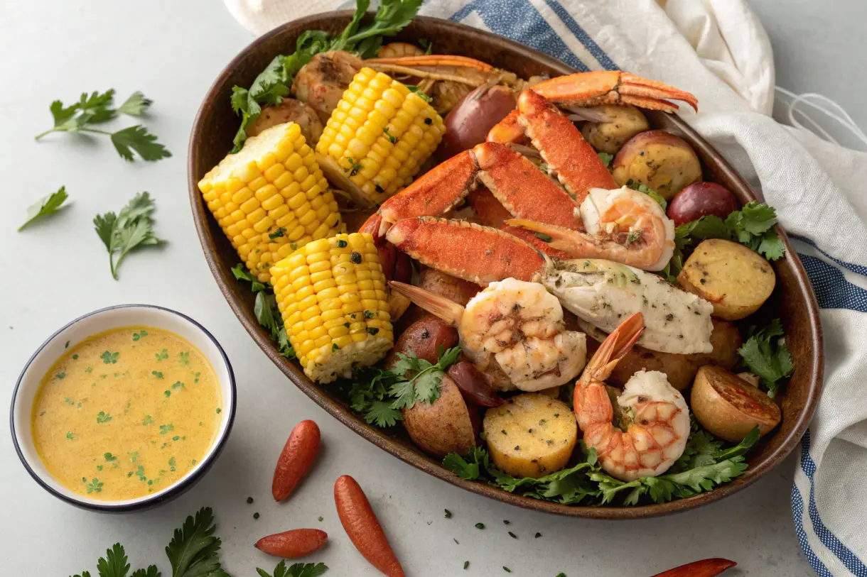 Crab legs and shrimp with seafood boil sauce and garnishes.