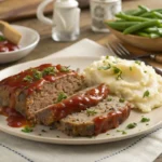 Meatloaf with onion soup mix served with mashed potatoes and green beans