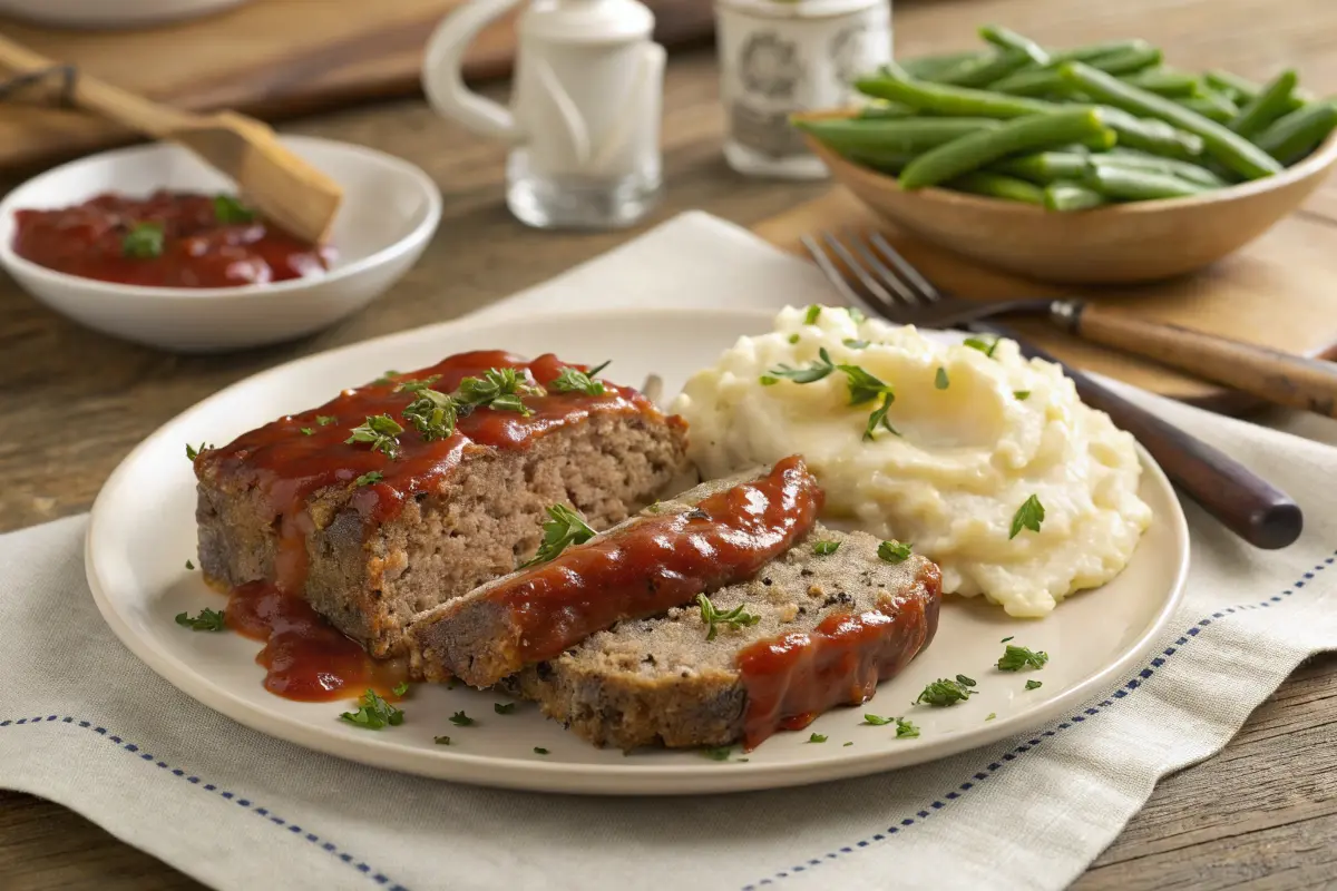 Meatloaf with onion soup mix served with mashed potatoes and green beans