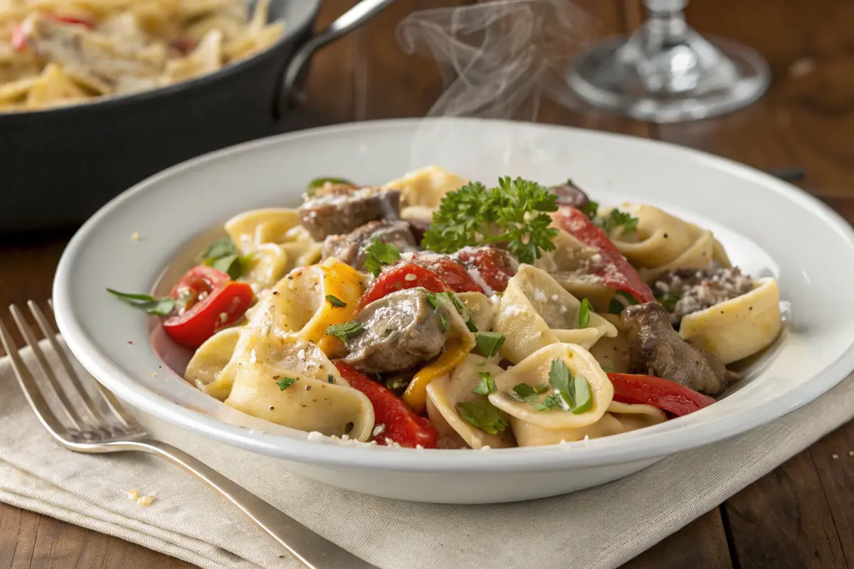 Plated cheesesteak tortellini pasta with creamy sauce, beef, and sautéed vegetables, garnished with parsley and Parmesan.