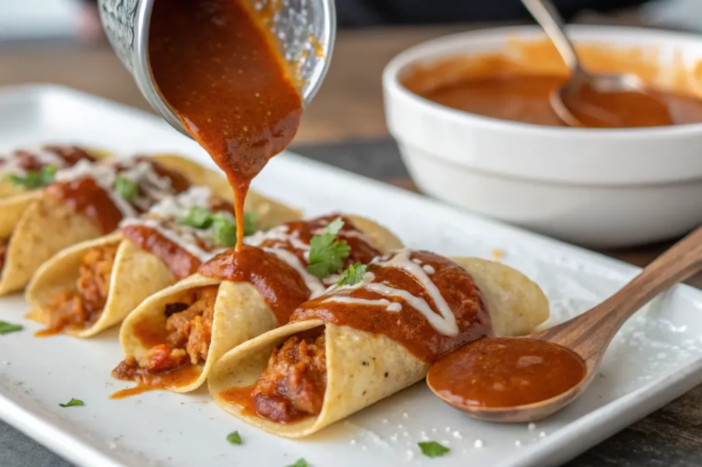 A close-up of taco sauce and enchilada sauce being served over tacos and enchiladas.