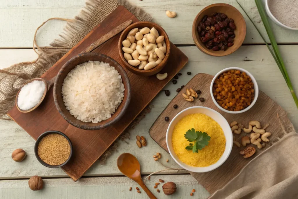 Ingredients for sakkarai pongal recipe laid out on a wooden table.