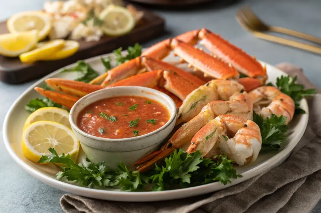 Seafood boil platter with buttery sauce and fresh herbs.