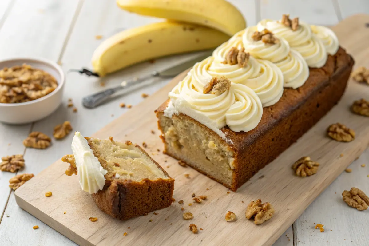 A close-up view of a slice of banana cake with cream cheese frosting