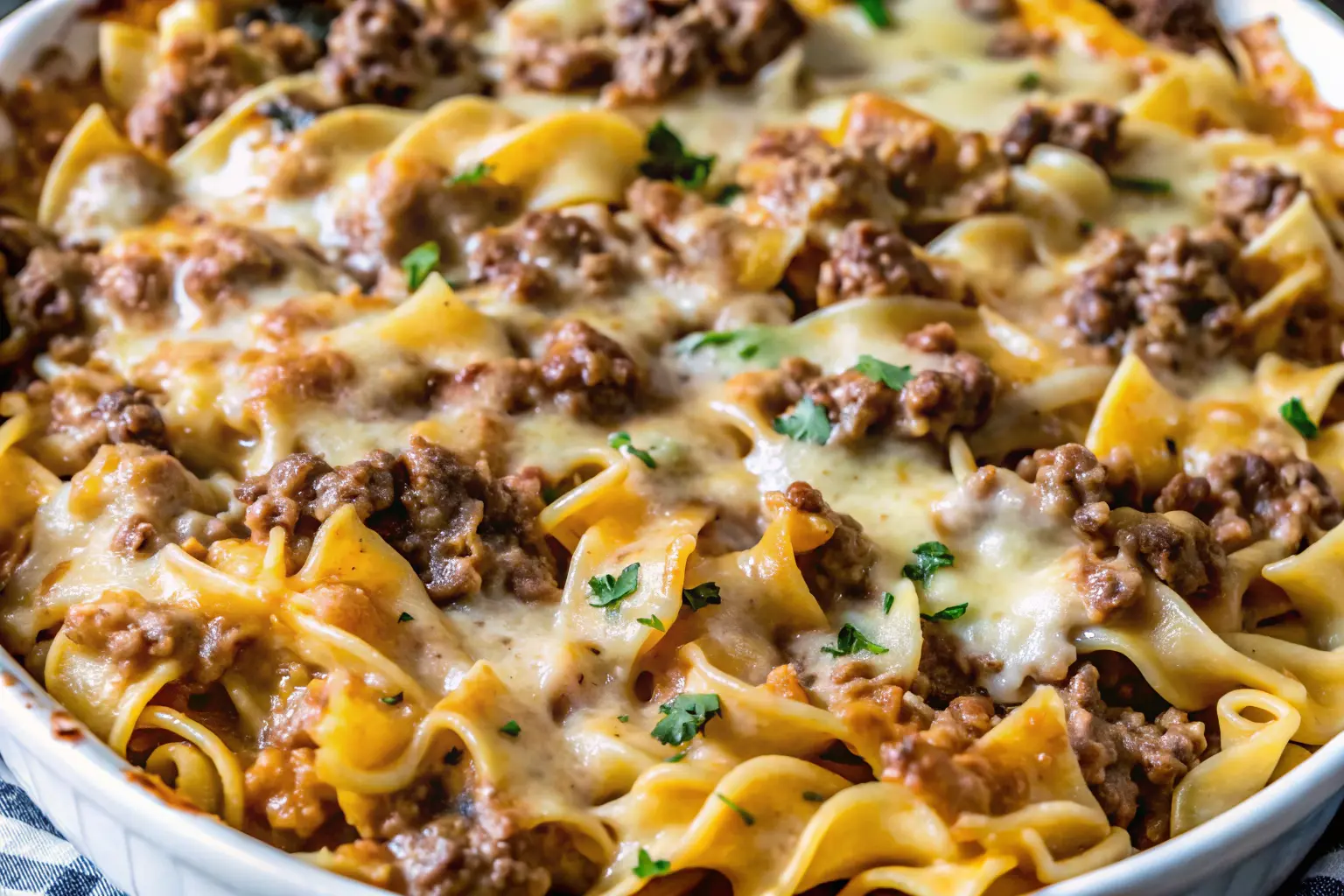 A perfectly baked sour cream beef noodle casserole with golden cheese topping, garnished with parsley.