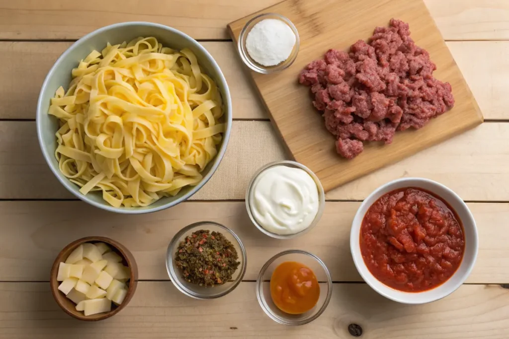 Ingredients for sour cream beef noodle casserole: egg noodles, sour cream, ground beef, cheddar cheese, tomato sauce, and seasonings