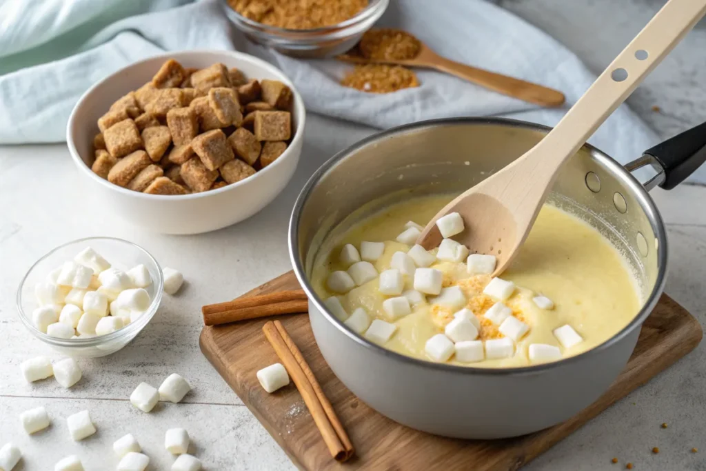 Marshmallows and butter melting with Cinnamon Toast Crunch cereal nearby.