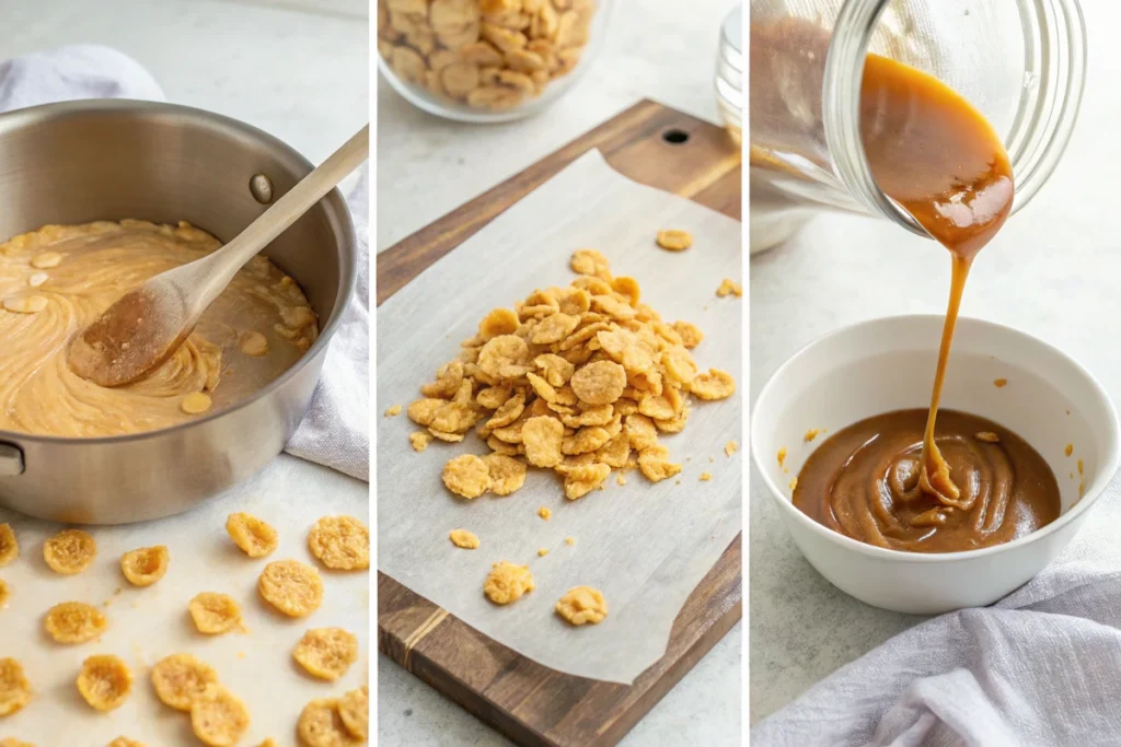 Cornflake candy preparation process with step-by-step visuals