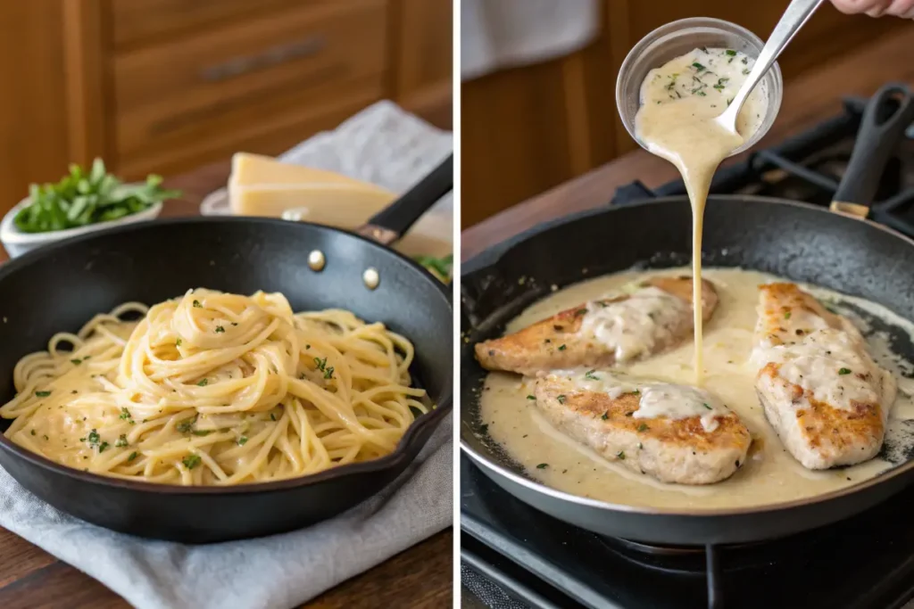 Step-by-step cooking setup for garlic parmesan chicken pasta with chicken, sauce, and pasta being prepared in a skillet.