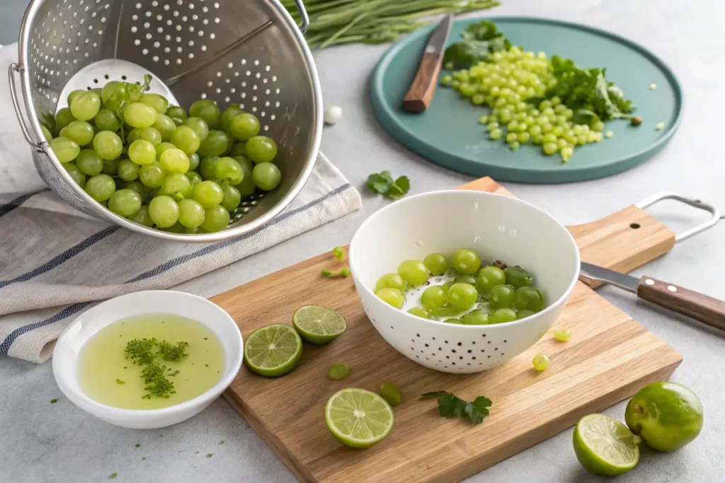 Step-by-step process: washing grapes, slicing, tossing with lime juice, and garnishing for a fresh snack