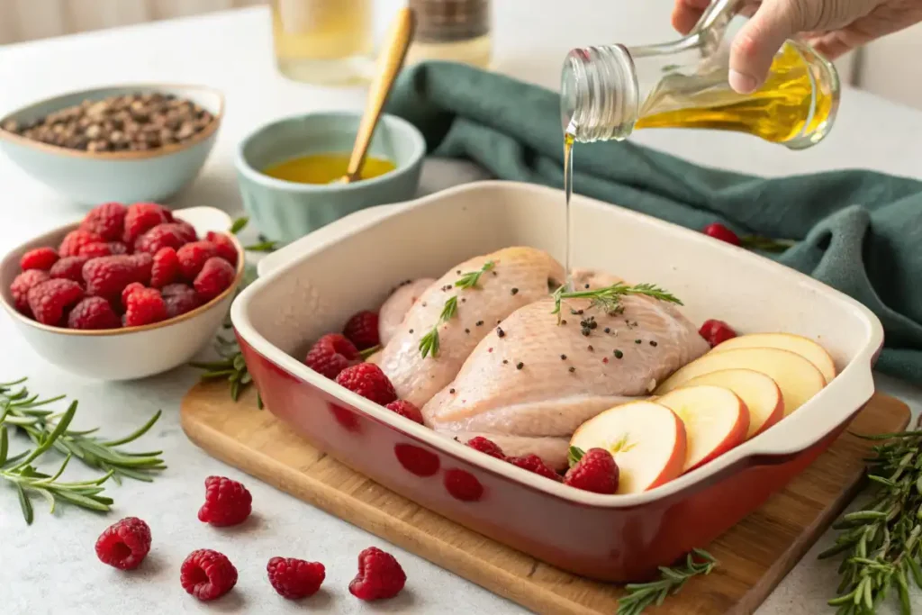 Seasoned chicken surrounded by apples, cranberries, and raspberries in a baking dish, ready for roasting