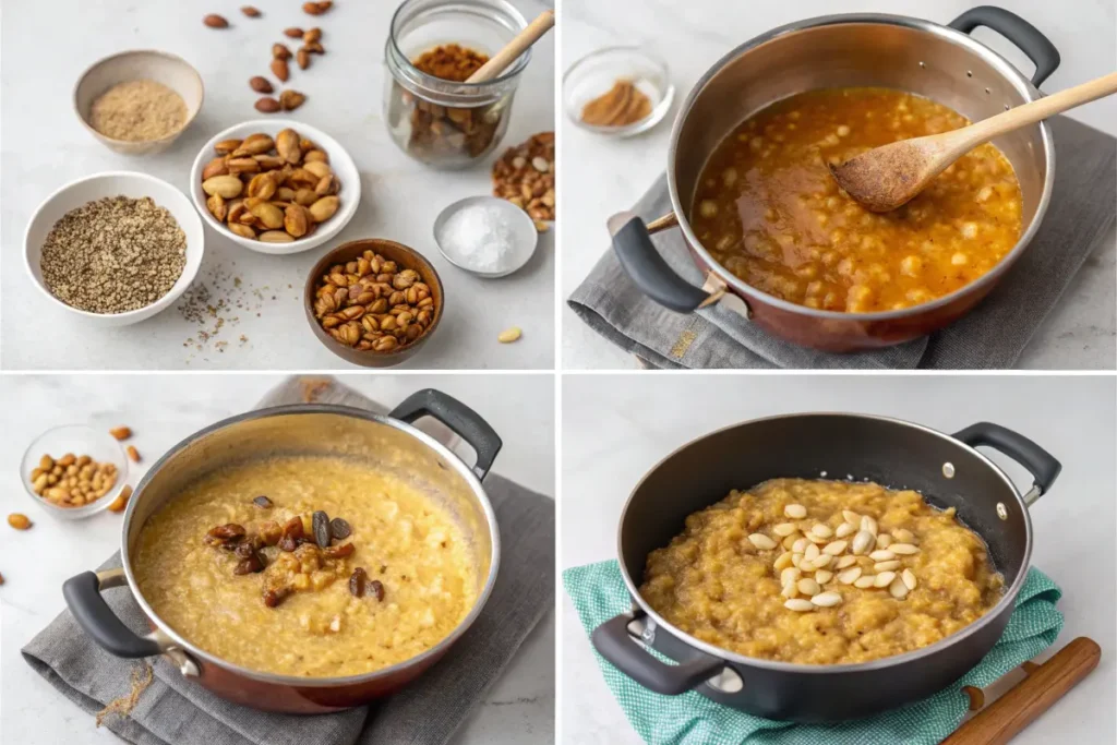 Step-by-step preparation of sakkarai pongal recipe, from cooking to mixing.