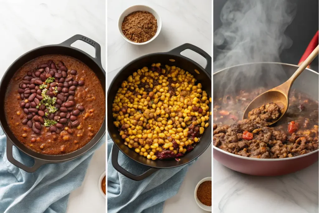 Three images showing the cooking process of taco soup frios recipe: browning meat, adding beans and spices, and simmering the soup.