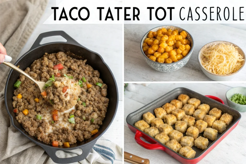 Step-by-step preparation of taco tater tot casserole, from cooking beef to layering ingredients.