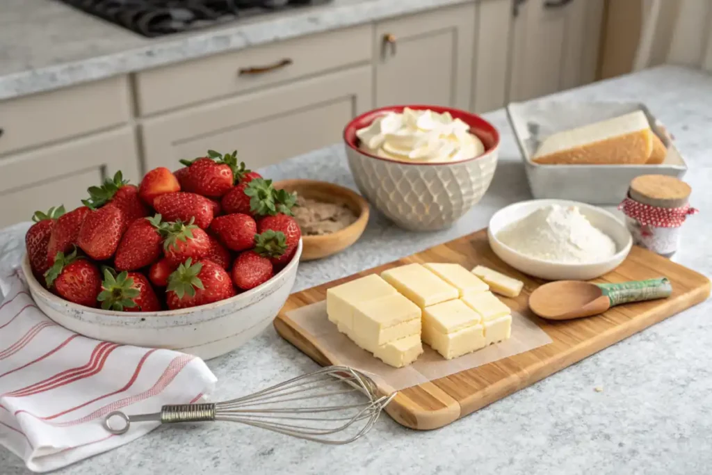 Ingredients for a strawberry cheesecake dump cake displayed on a wooden counter.