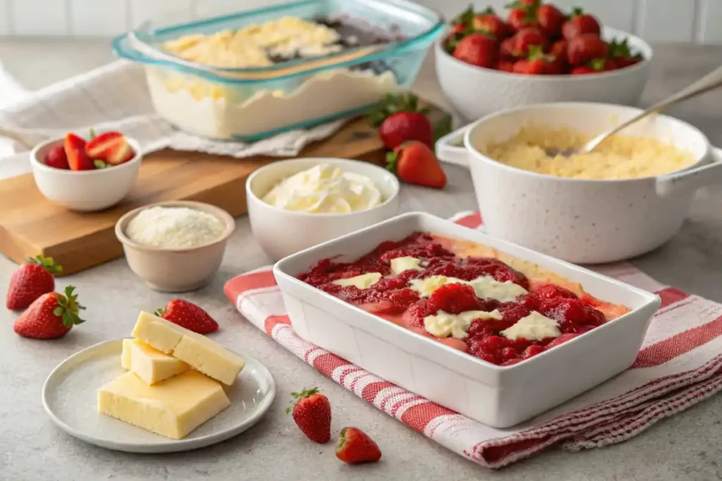 Layering the ingredients for a strawberry cheesecake dump cake in a baking dish.