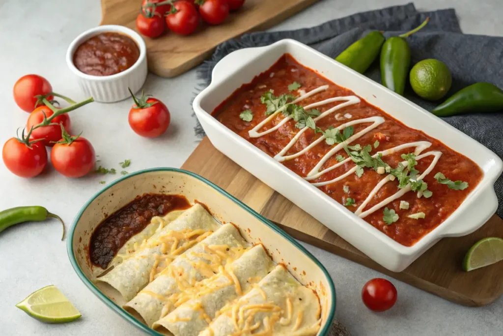 A side-by-side visual of taco sauce and enchilada sauce with tacos and enchiladas showcasing their unique textures and colors.